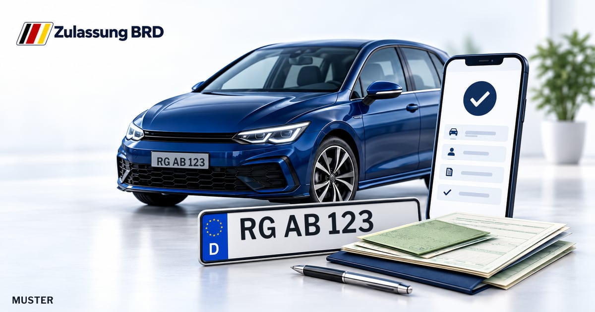Online Fahrzeugzulassung in Weinböhla: Musterkennzeichen RG AB 123, Auto und Fahrzeugpapiere und Smartphone. Illustration mit Logo von Zulassung BRD.